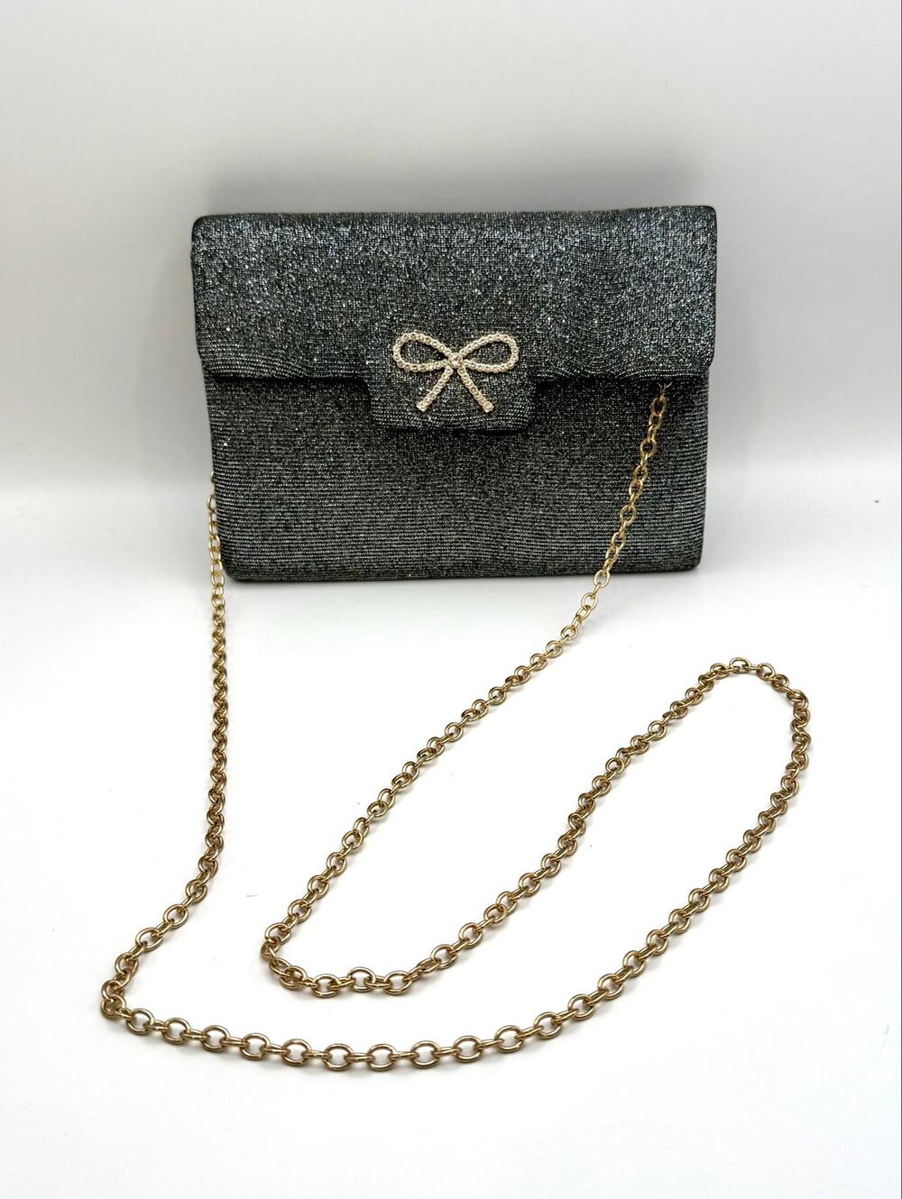 Grossi New York Black Glitter Evening Clutch Purse Rhinestone Bow Gold Chain